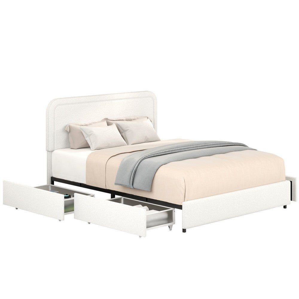Lez Queen Size Platform Bed | 4 Storage Drawers | Ivory Boucle Upholstery