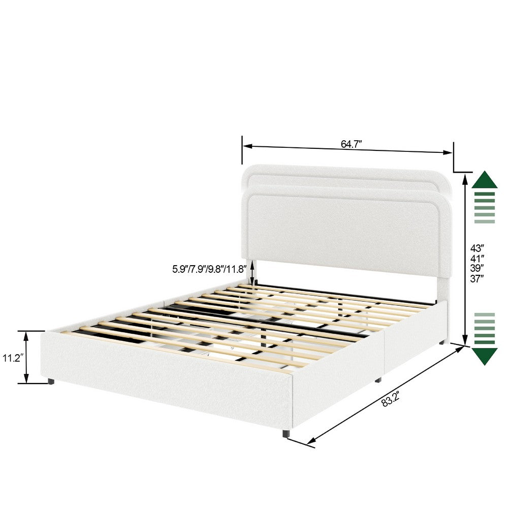Lez Queen Size Platform Bed | 4 Storage Drawers | Ivory Boucle Upholstery