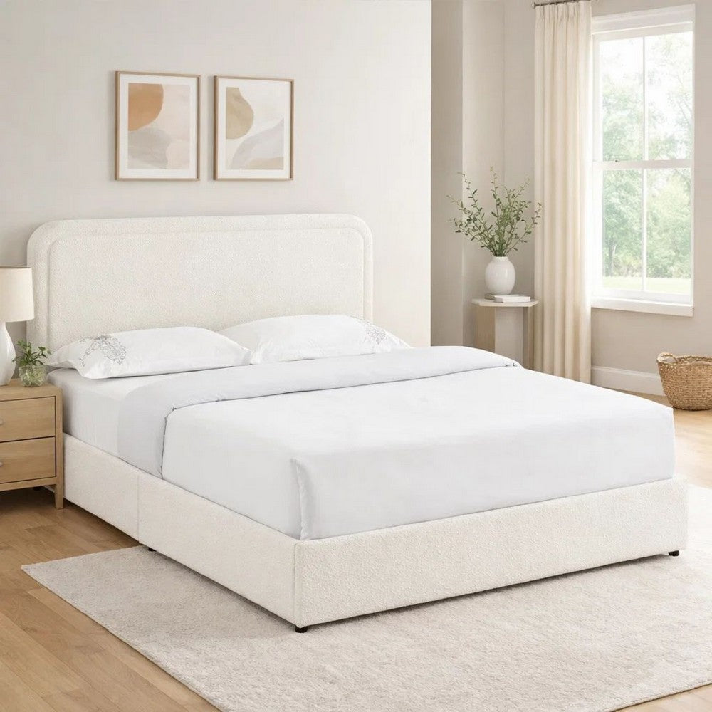Lez Queen Size Platform Bed | 4 Storage Drawers | Ivory Boucle Upholstery