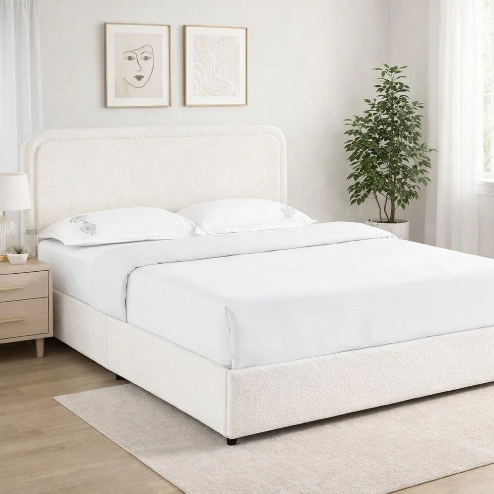 Lez Queen Size Platform Bed | 4 Storage Drawers | Ivory Boucle Upholstery