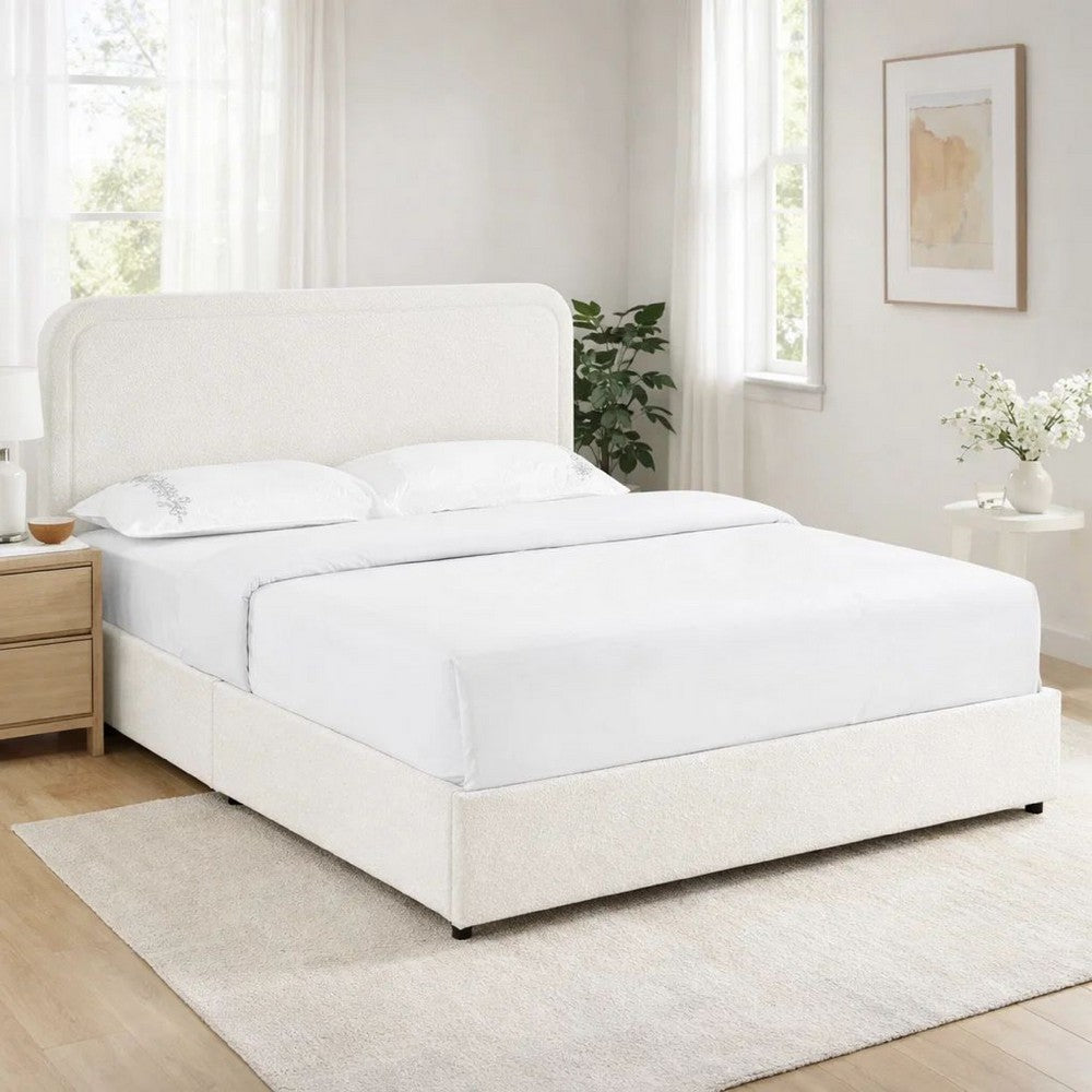 Lez Queen Size Platform Bed | 4 Storage Drawers | Ivory Boucle Upholstery