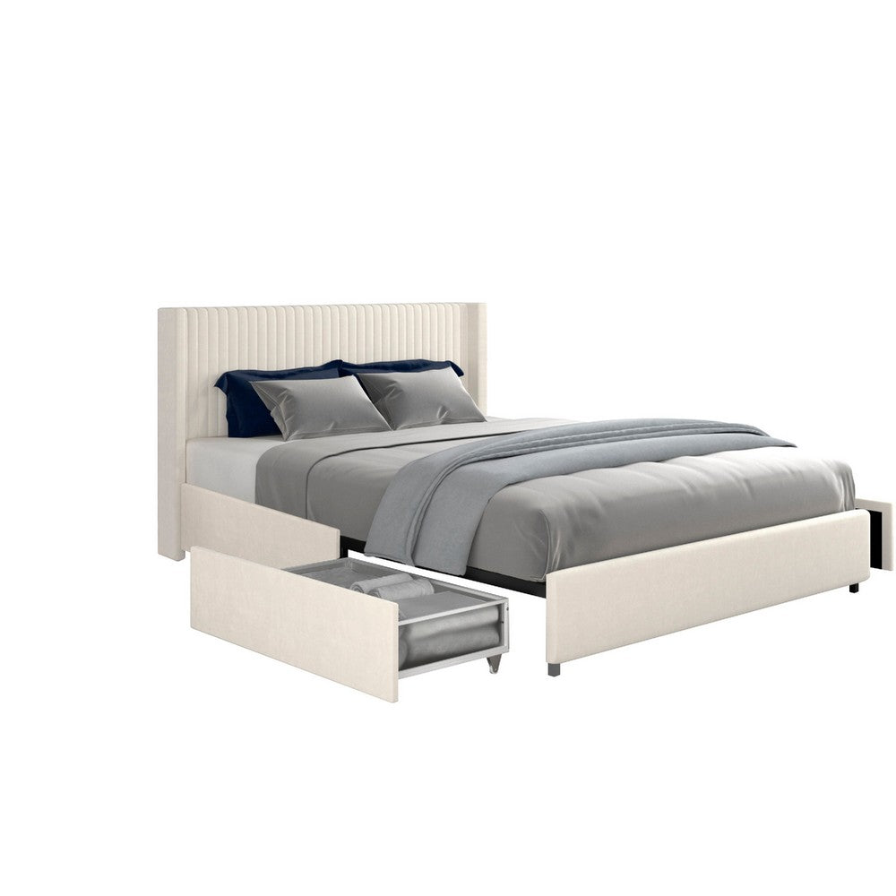 Nia Queen Bed | 2 Storage Drawers | Wingback Tufted Ivory Velvet Headboard
