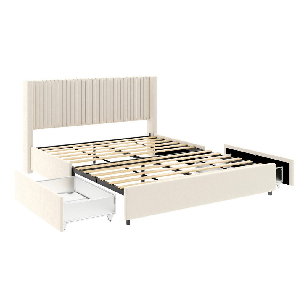 Nia Queen Bed | 2 Storage Drawers | Wingback Tufted Ivory Velvet Headboard