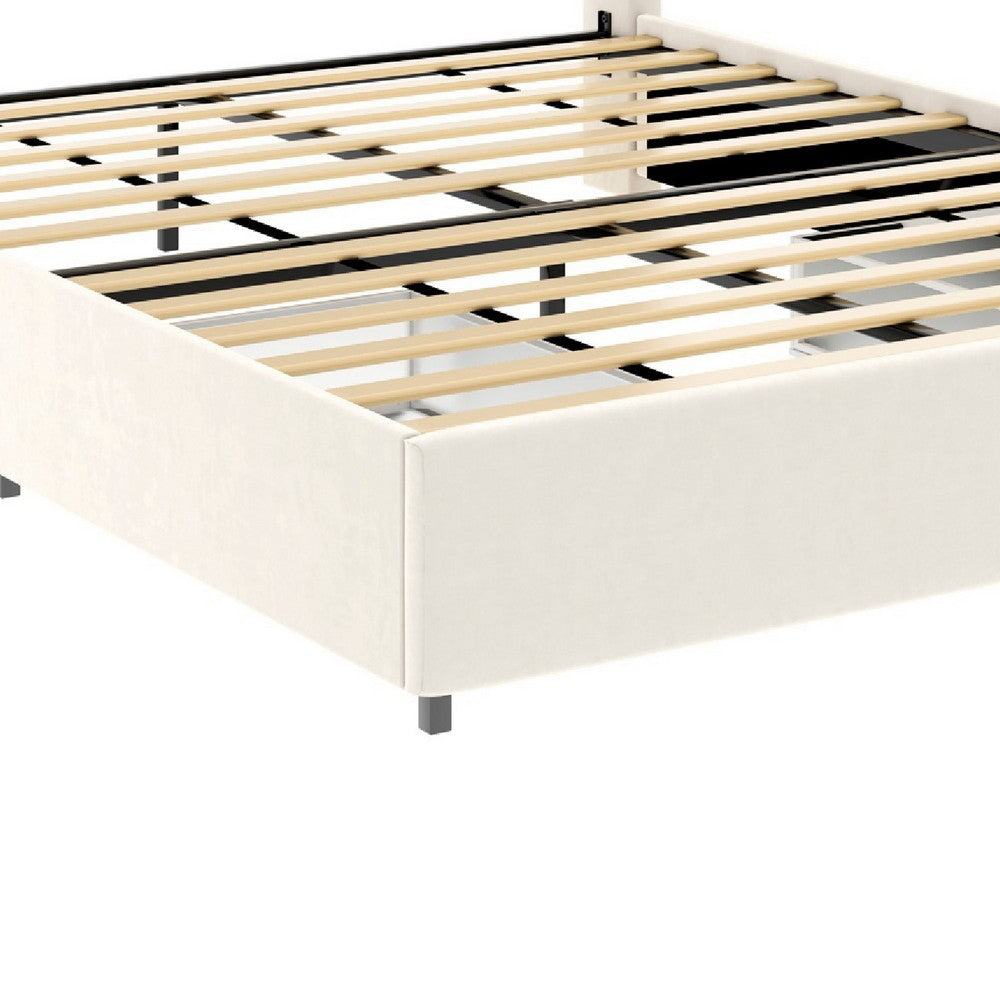 Nia Queen Bed | 2 Storage Drawers | Wingback Tufted Ivory Velvet Headboard