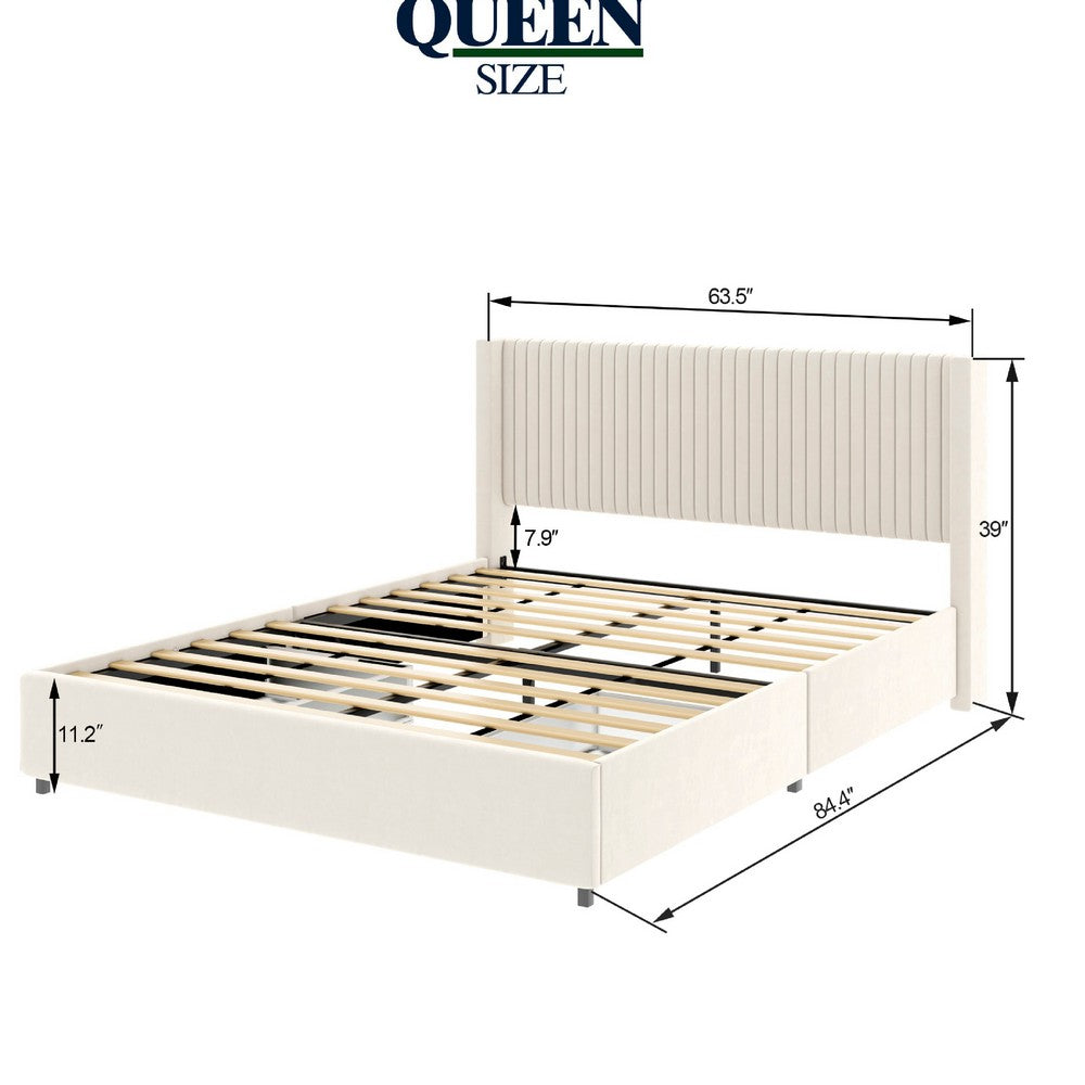 Nia Queen Bed | 2 Storage Drawers | Wingback Tufted Ivory Velvet Headboard