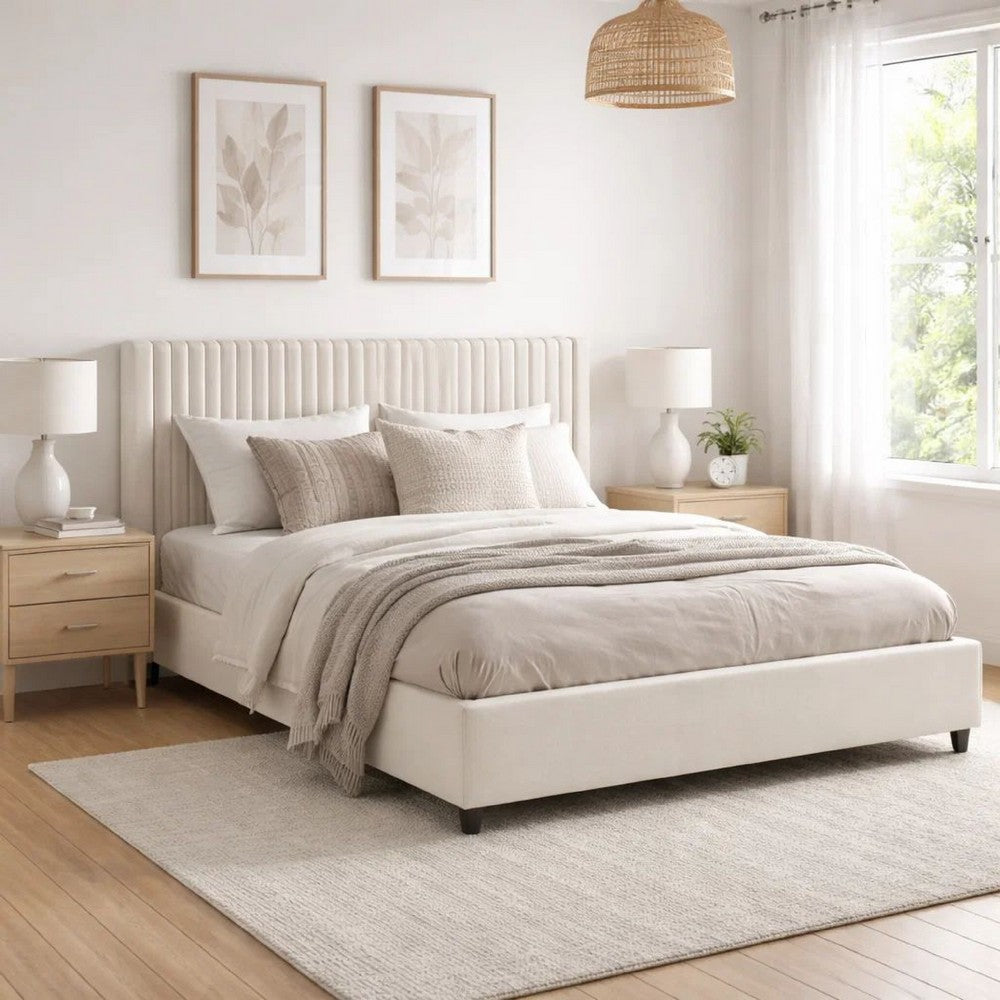 Nia Queen Bed | 2 Storage Drawers | Wingback Tufted Ivory Velvet Headboard