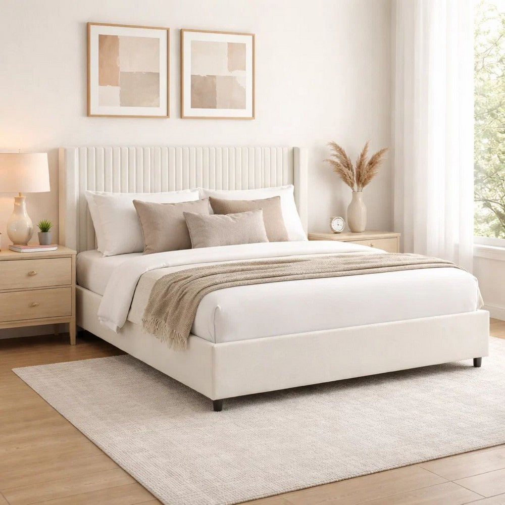 Nia Queen Bed | 2 Storage Drawers | Wingback Tufted Ivory Velvet Headboard