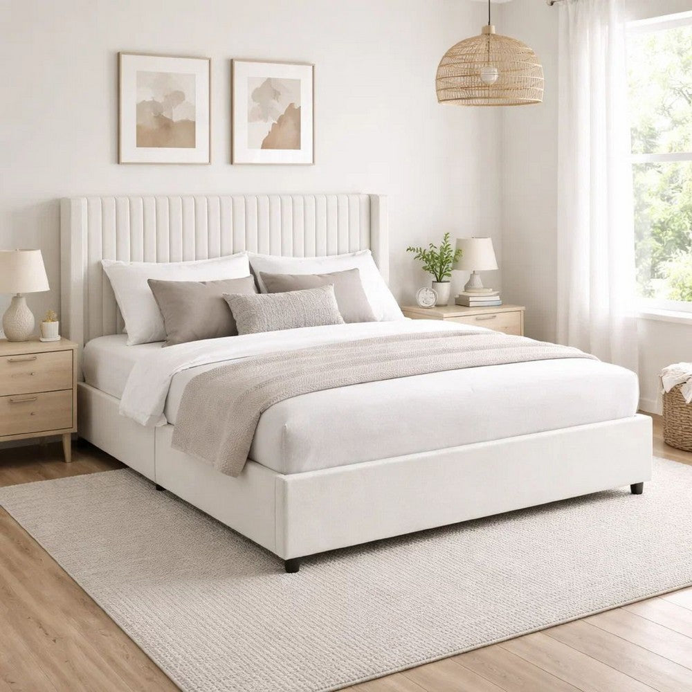 Nia Queen Bed | 2 Storage Drawers | Wingback Tufted Ivory Velvet Headboard