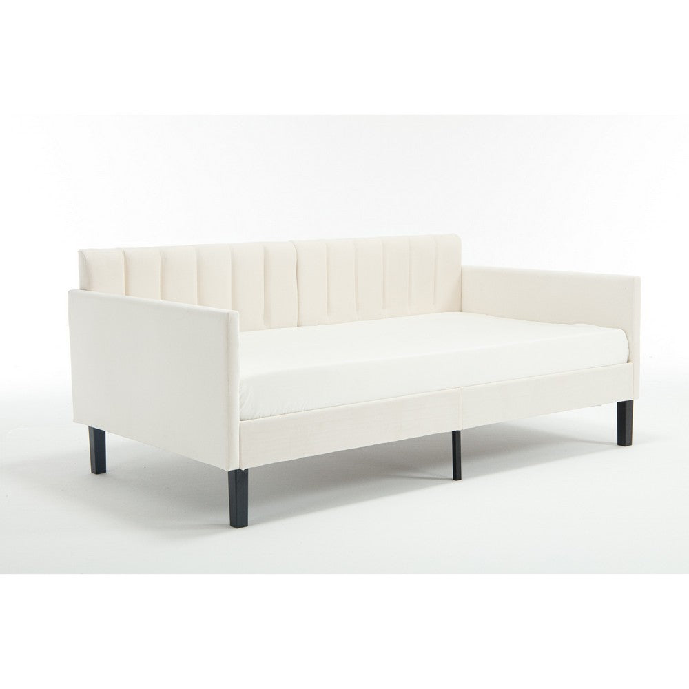 Ely Twin Size Daybed with Tufted Backrest | Ribbed Beige Velvet Upholstery