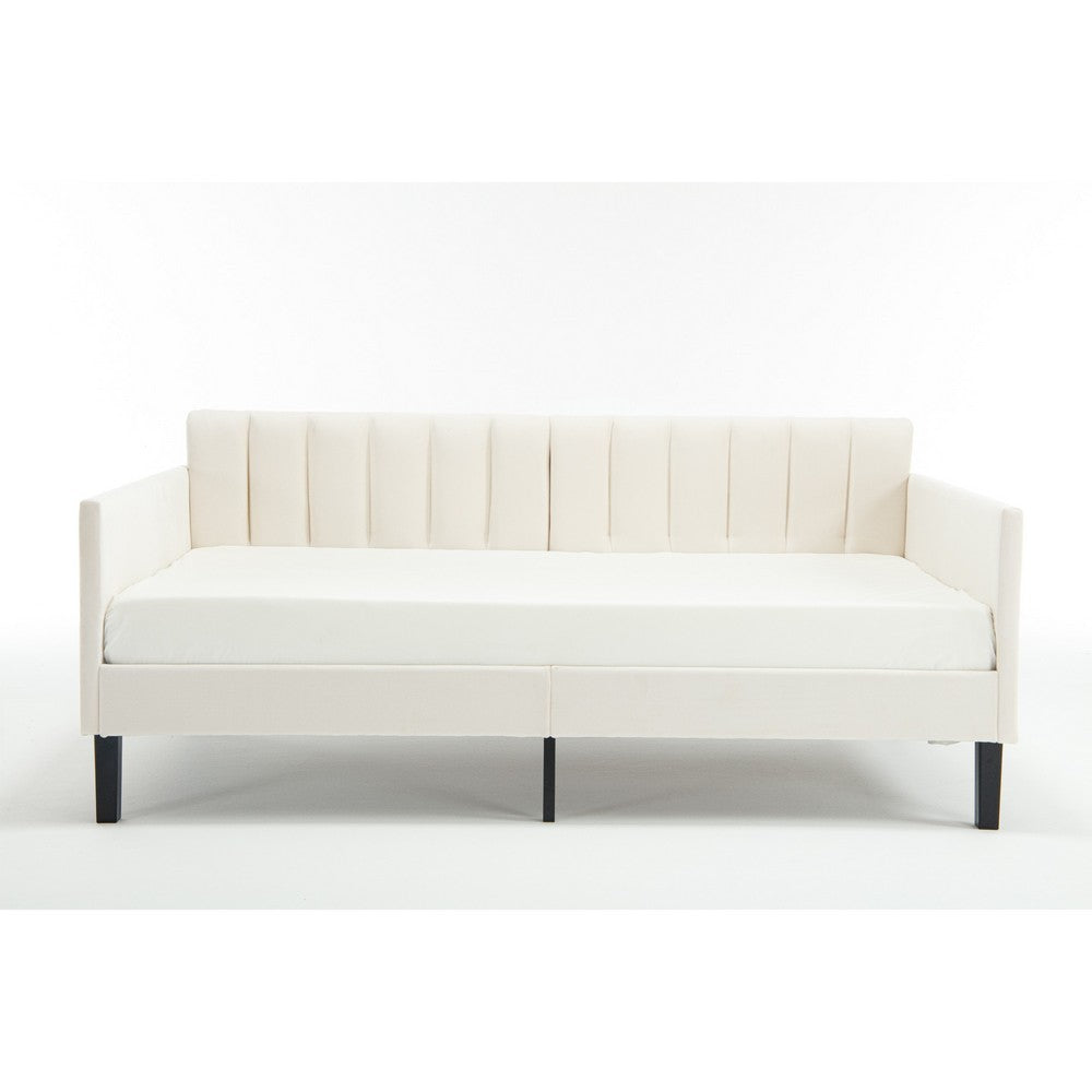 Ely Twin Size Daybed with Tufted Backrest | Ribbed Beige Velvet Upholstery