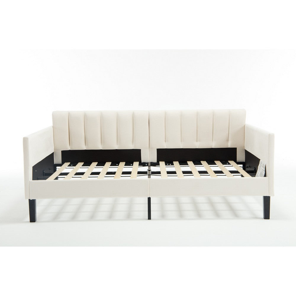 Ely Twin Size Daybed with Tufted Backrest | Ribbed Beige Velvet Upholstery