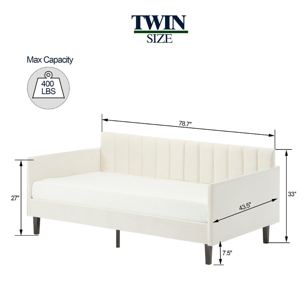 Ely Twin Size Daybed with Tufted Backrest | Ribbed Beige Velvet Upholstery
