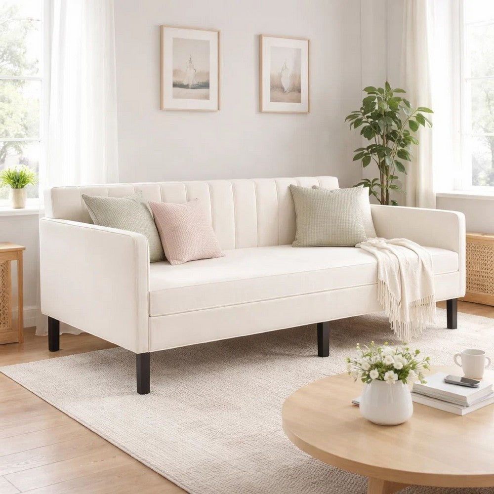 Ely Twin Size Daybed with Tufted Backrest | Ribbed Beige Velvet Upholstery
