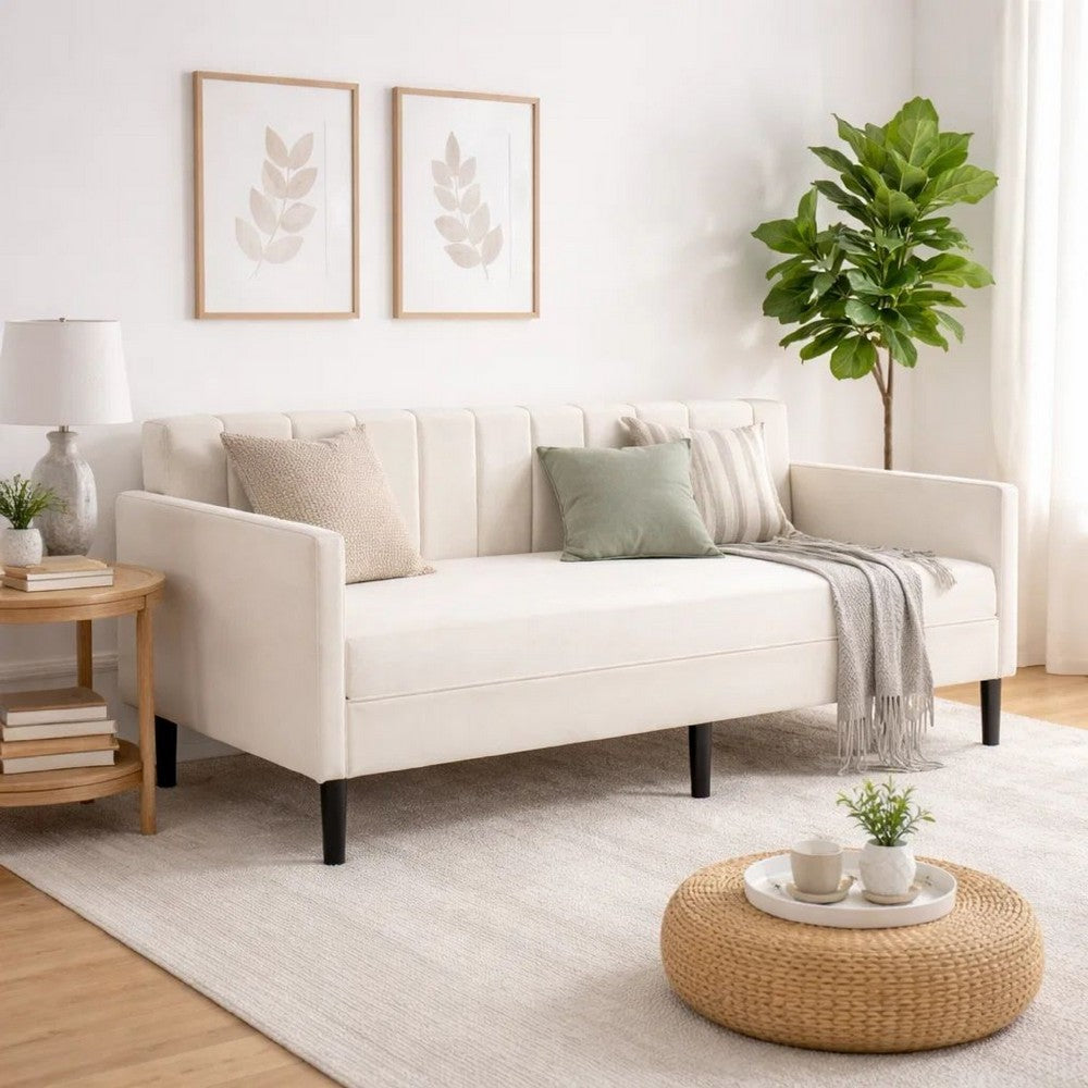 Ely Twin Size Daybed with Tufted Backrest | Ribbed Beige Velvet Upholstery