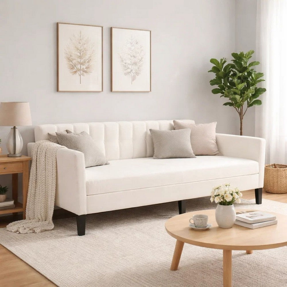 Ely Twin Size Daybed with Tufted Backrest | Ribbed Beige Velvet Upholstery