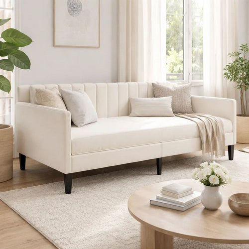 Ely Twin Size Daybed with Tufted Backrest | Ribbed Beige Velvet Upholstery