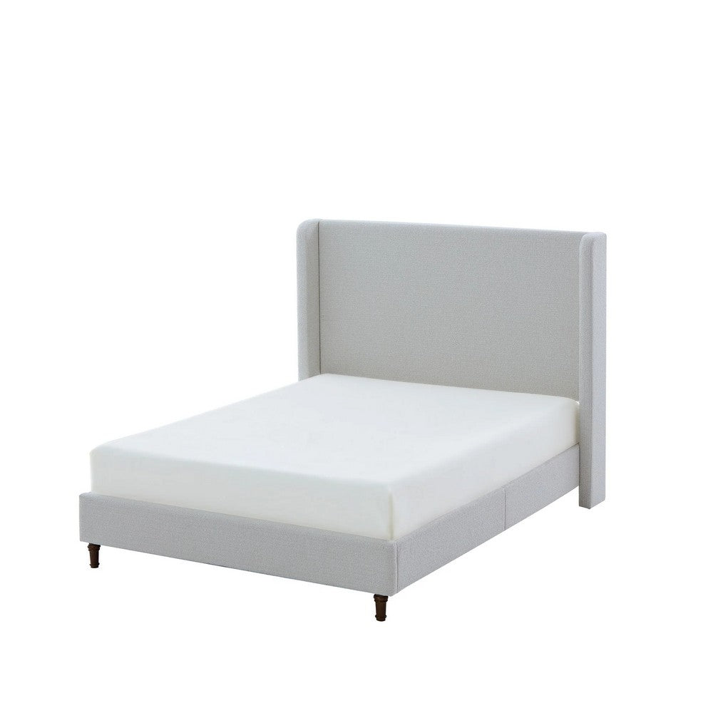 Heny Queen Size Bed with Wingback Tall Headboard | Ivory Fabric Upholstery