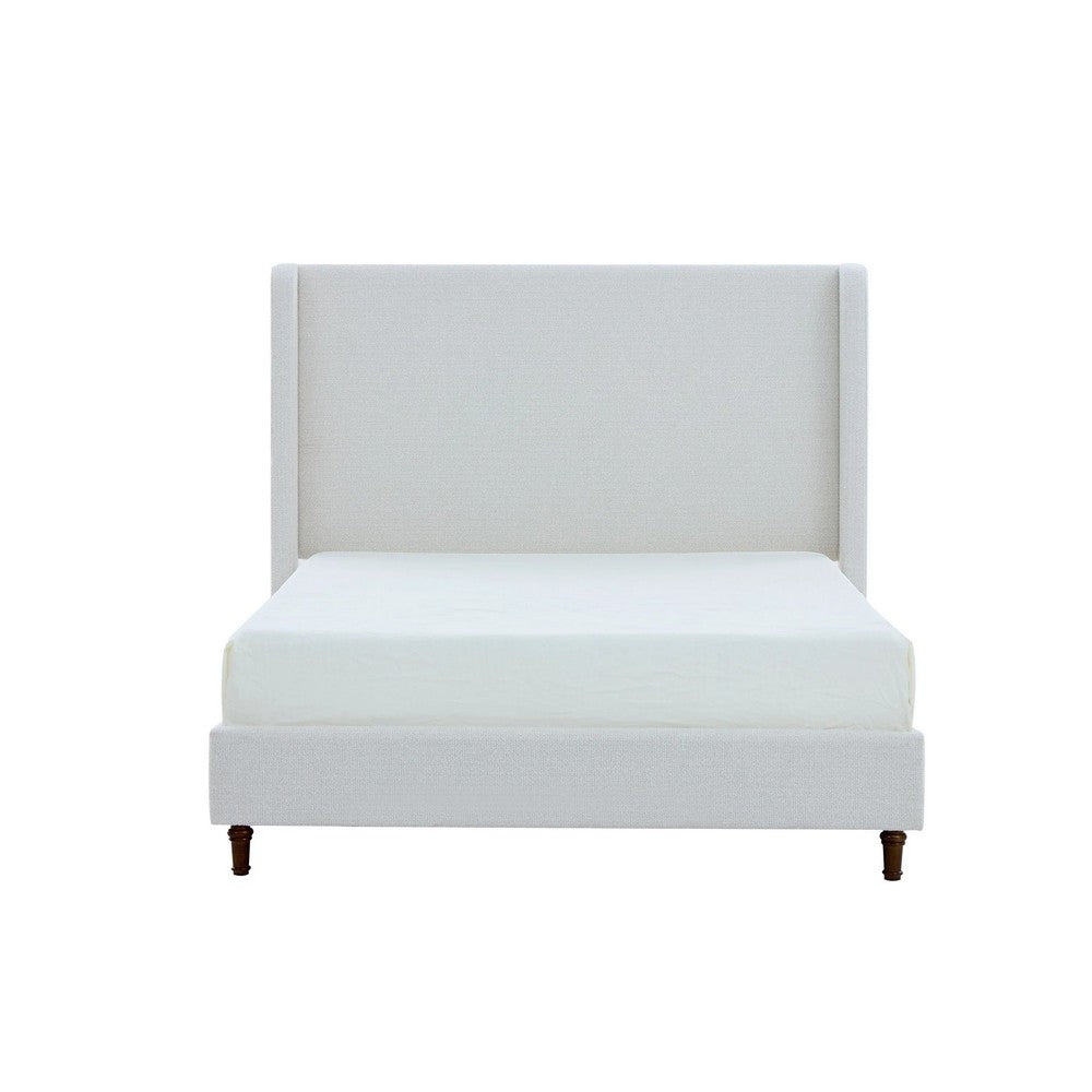 Heny Queen Size Bed with Wingback Tall Headboard | Ivory Fabric Upholstery