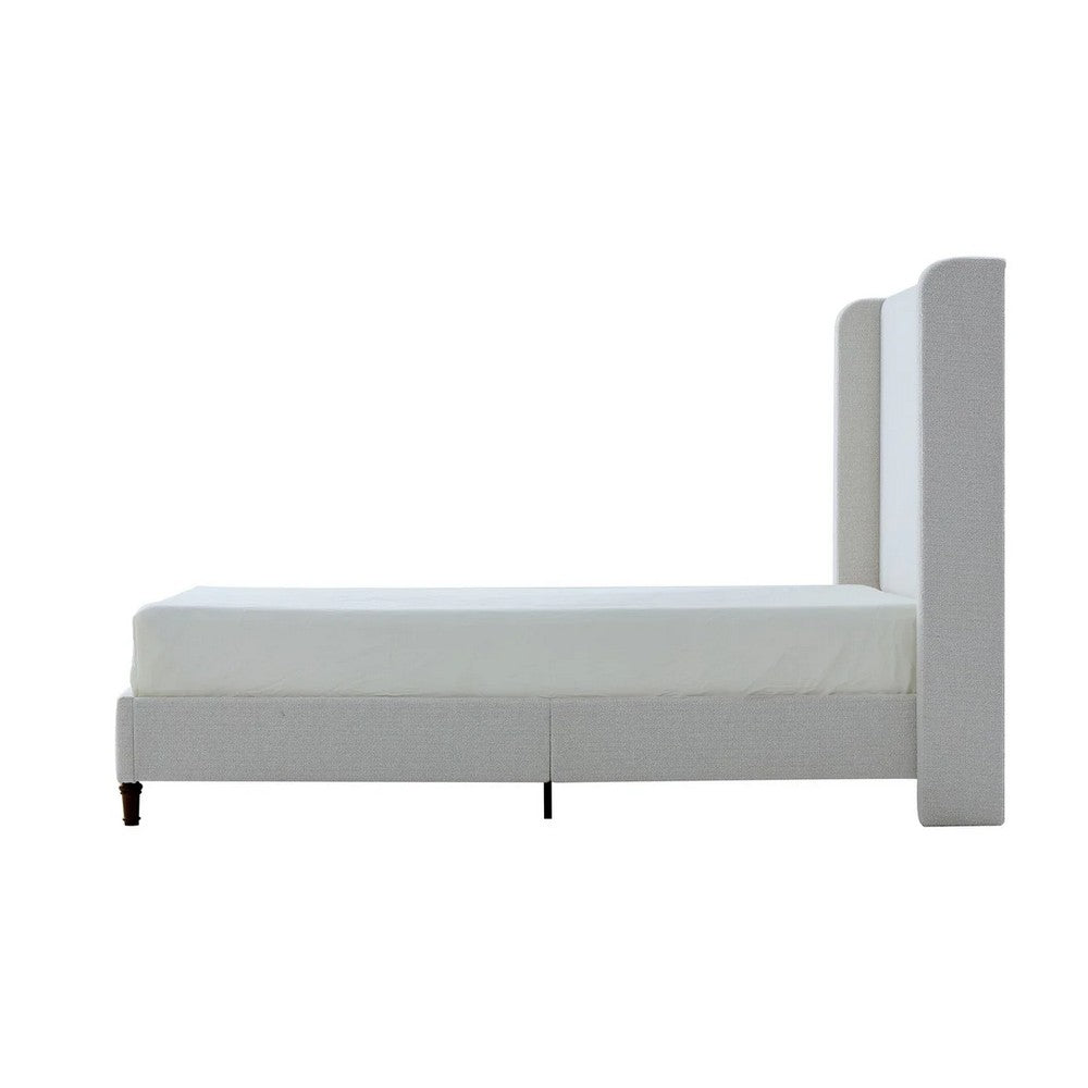 Heny Queen Size Bed with Wingback Tall Headboard | Ivory Fabric Upholstery
