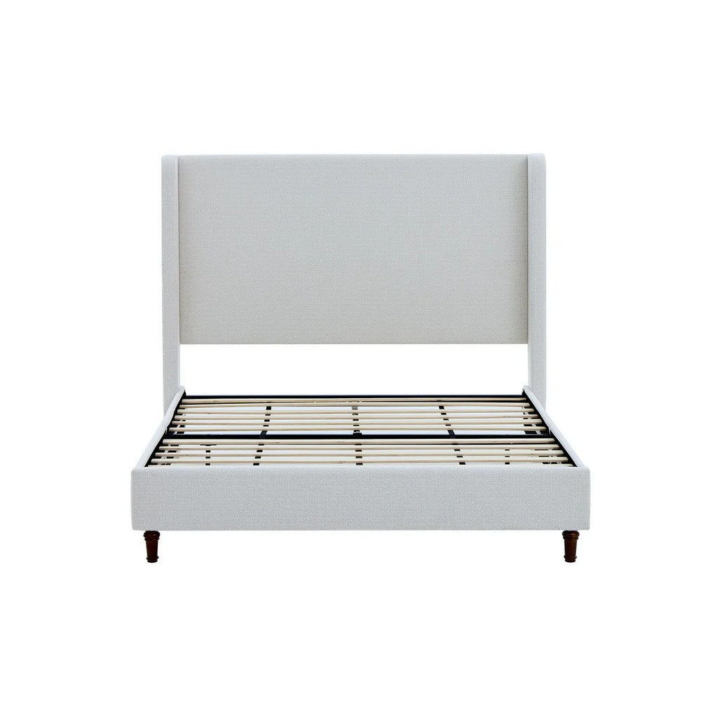 Heny Queen Size Bed with Wingback Tall Headboard | Ivory Fabric Upholstery