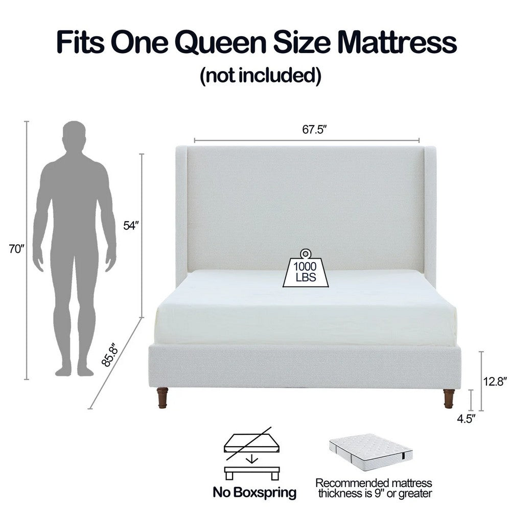 Heny Queen Size Bed with Wingback Tall Headboard | Ivory Fabric Upholstery