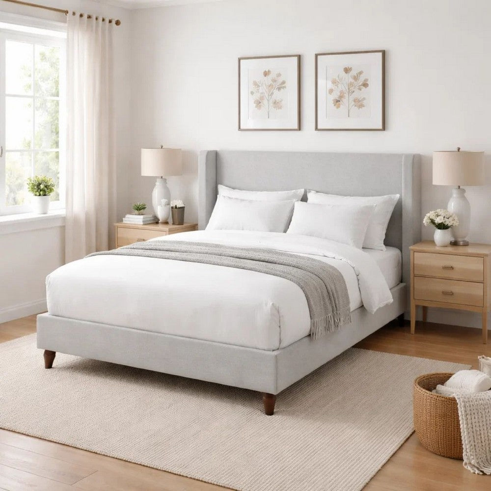 Heny Queen Size Bed with Wingback Tall Headboard | Ivory Fabric Upholstery