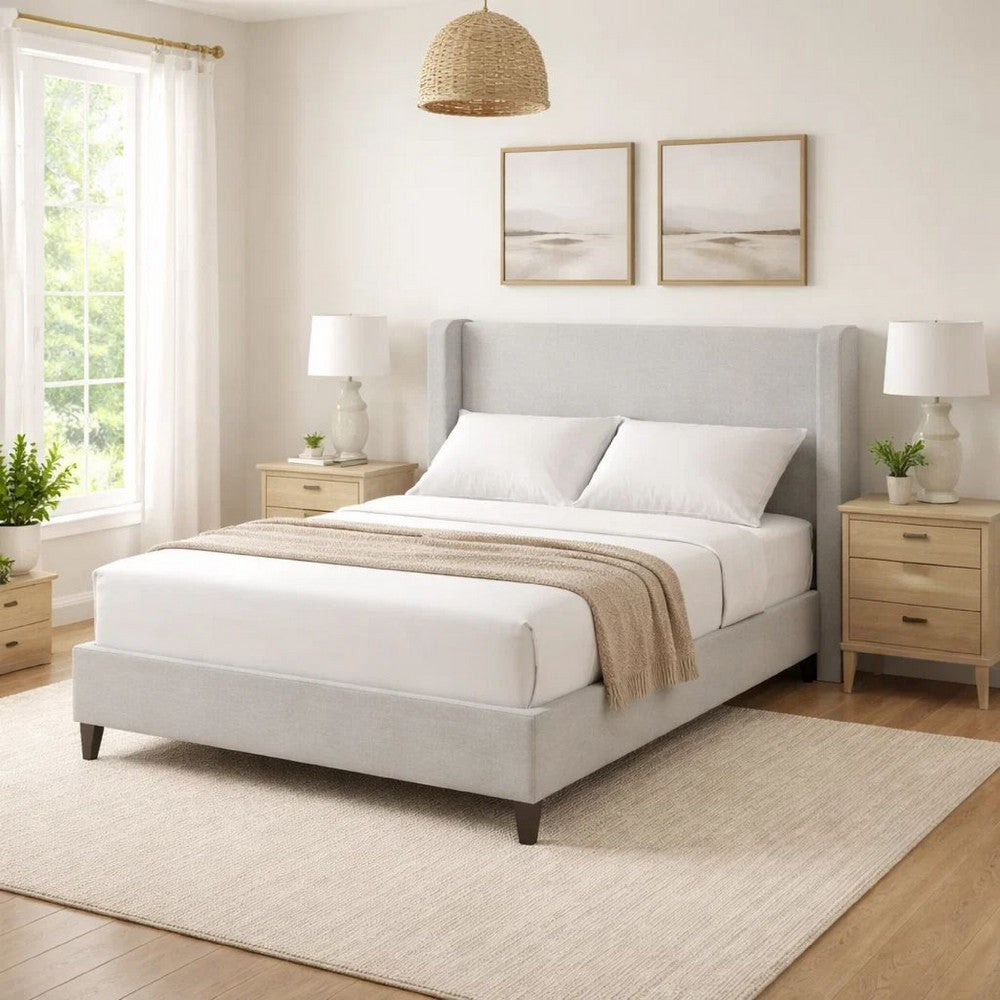 Heny Queen Size Bed with Wingback Tall Headboard | Ivory Fabric Upholstery