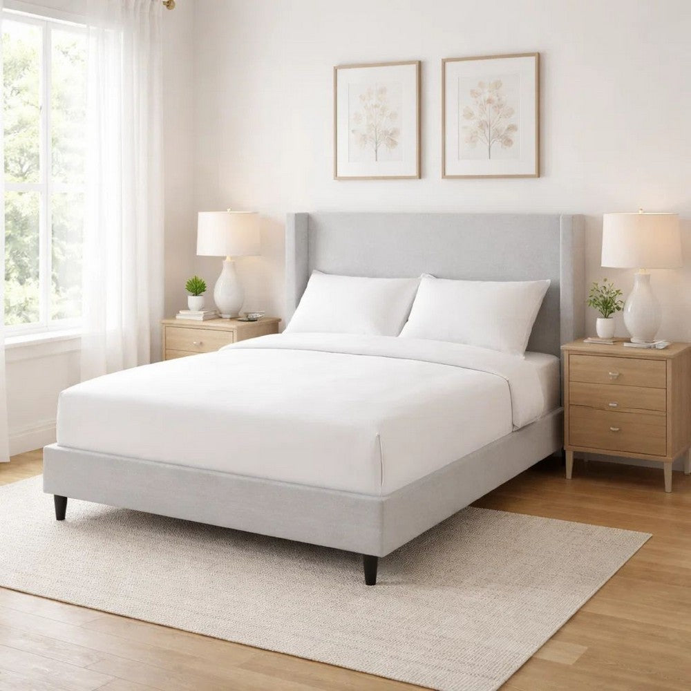 Heny Queen Size Bed with Wingback Tall Headboard | Ivory Fabric Upholstery