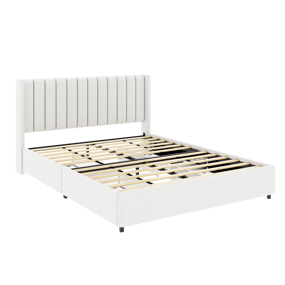 Deny Queen Storage Bed | 4 Drawers | Channel Tufted Ivory Boucle Upholstery