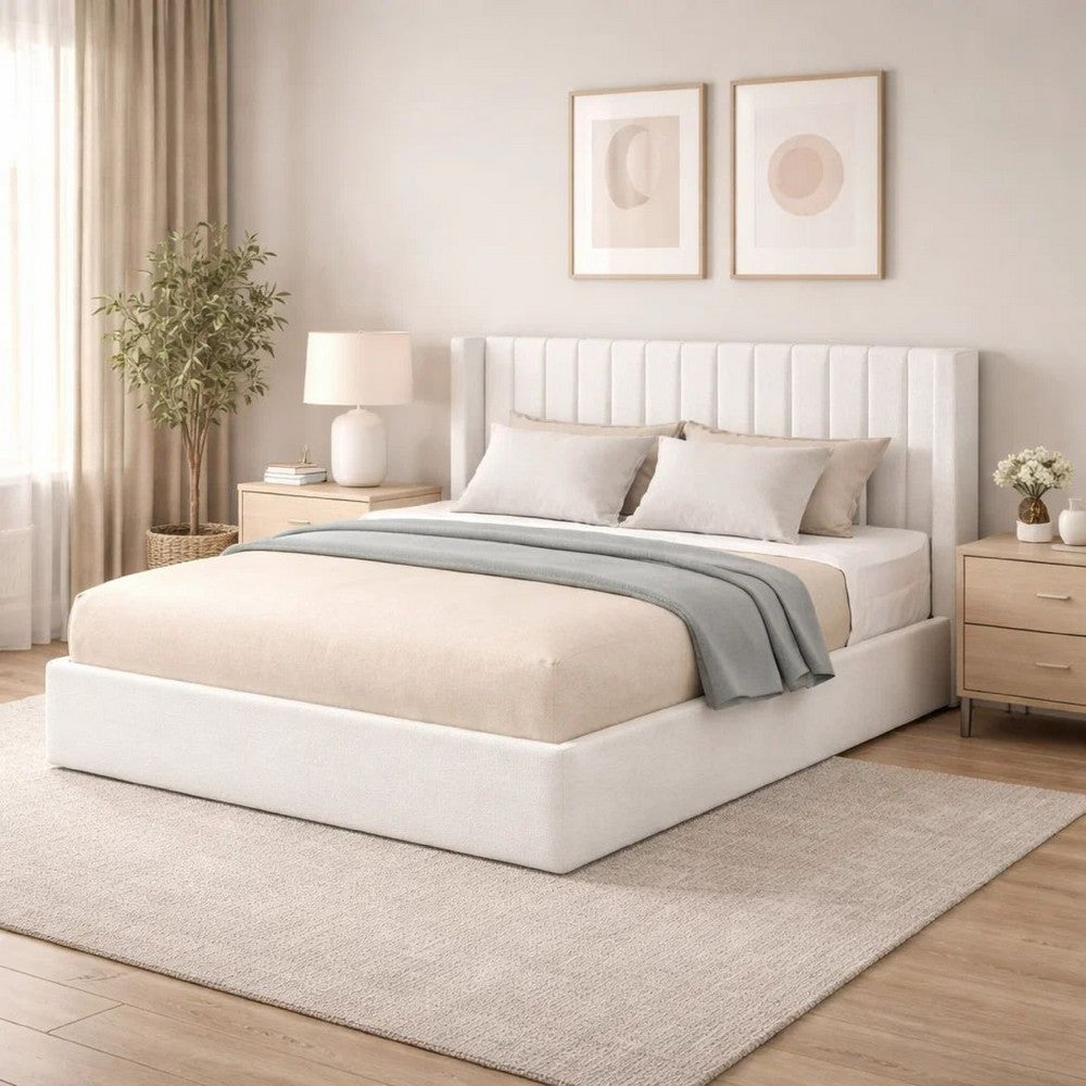 Deny Queen Storage Bed | 4 Drawers | Channel Tufted Ivory Boucle Upholstery