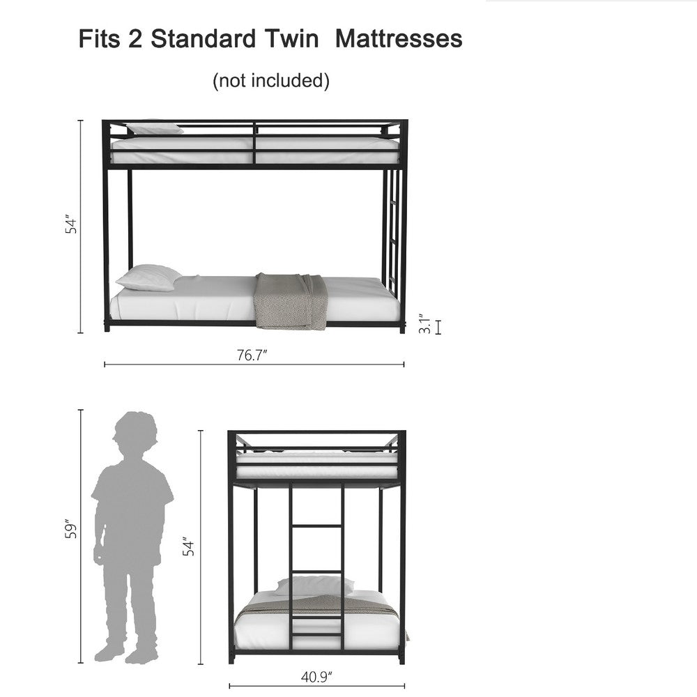 Ady Low Profile Twin Over Twin Bunk Bed with Ladder | Black Metal Frame