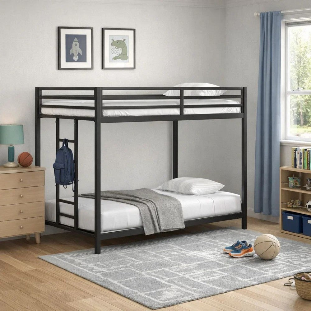 Ady Low Profile Twin Over Twin Bunk Bed with Ladder | Black Metal Frame