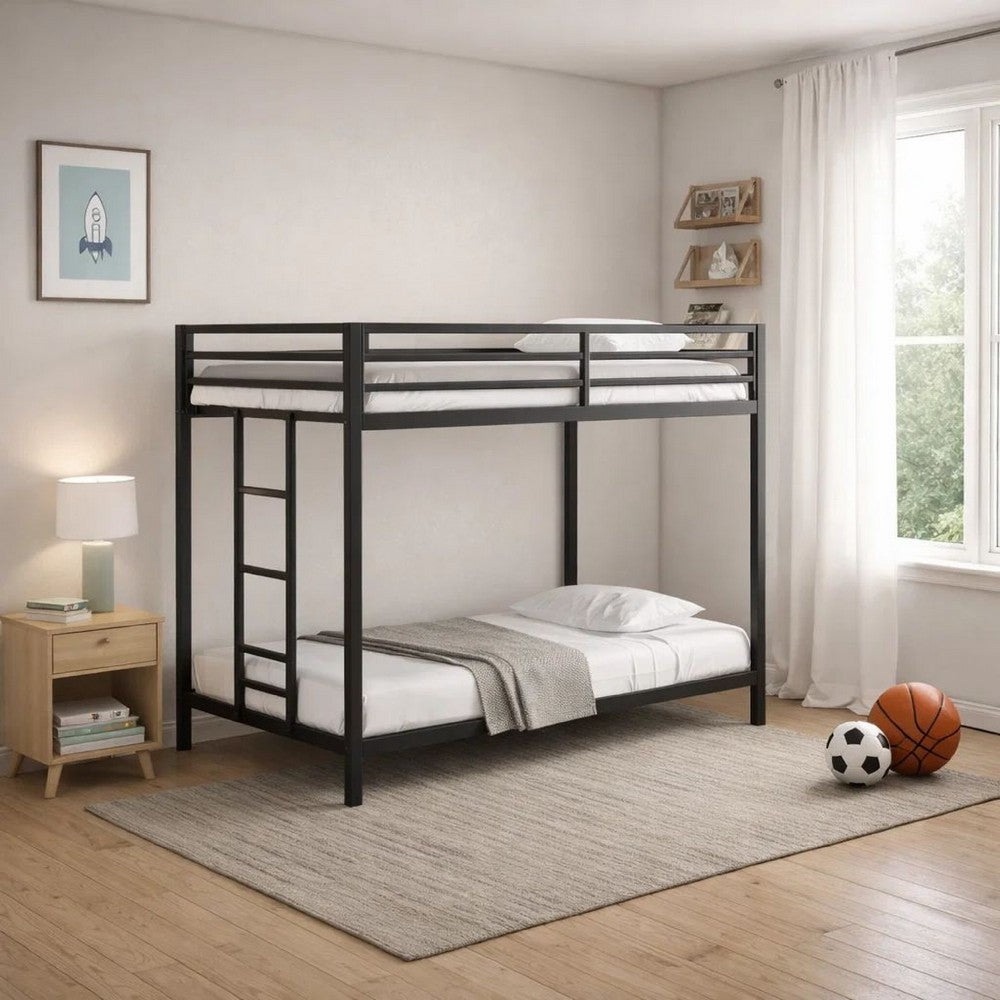 Ady Low Profile Twin Over Twin Bunk Bed with Ladder | Black Metal Frame