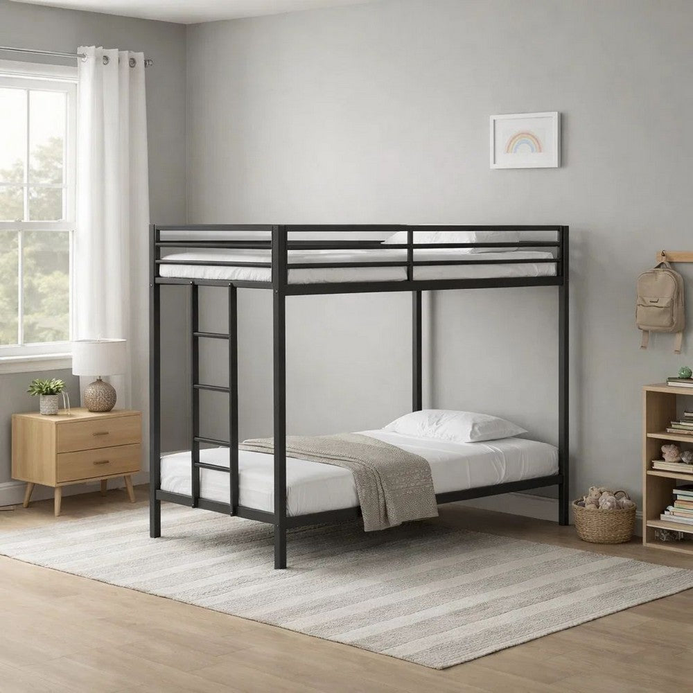 Ady Low Profile Twin Over Twin Bunk Bed with Ladder | Black Metal Frame