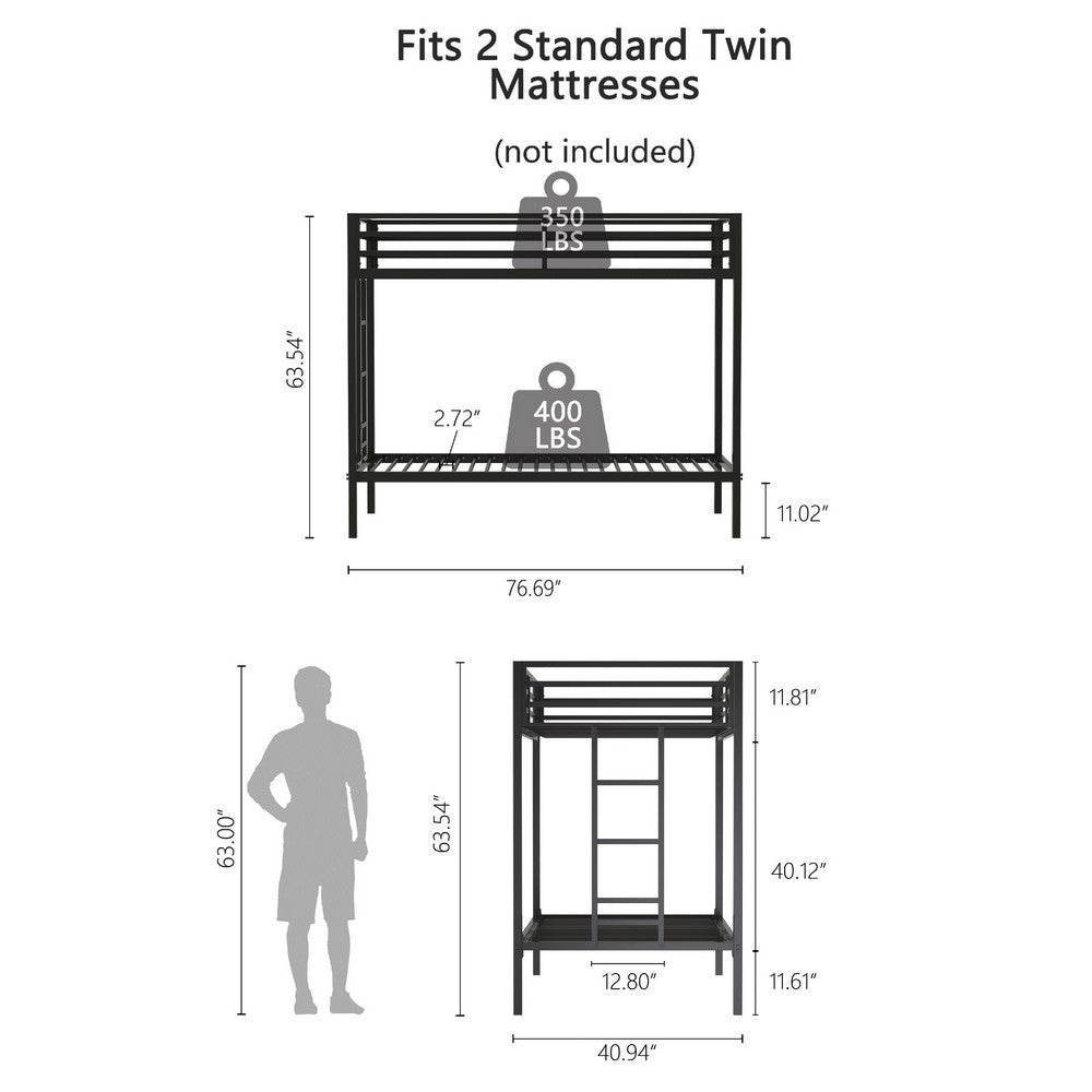 Ady Twin Over Twin Bunk Bed with Ladder & Guardrails | Black Metal Frame