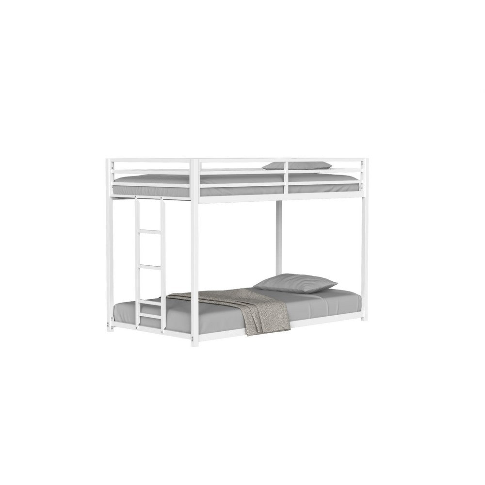 Ady Low Profile Twin Over Twin Bunk Bed with Ladder | White Metal Frame