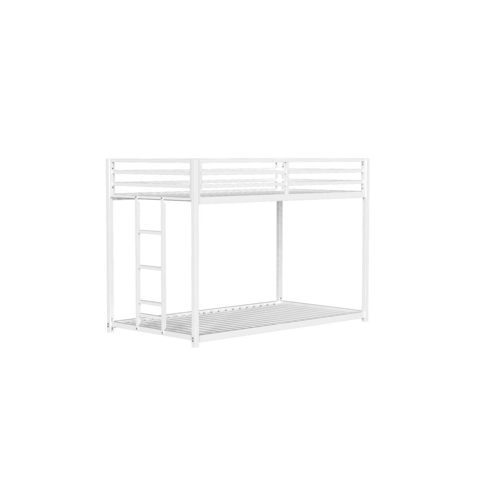 Ady Low Profile Twin Over Twin Bunk Bed with Ladder | White Metal Frame