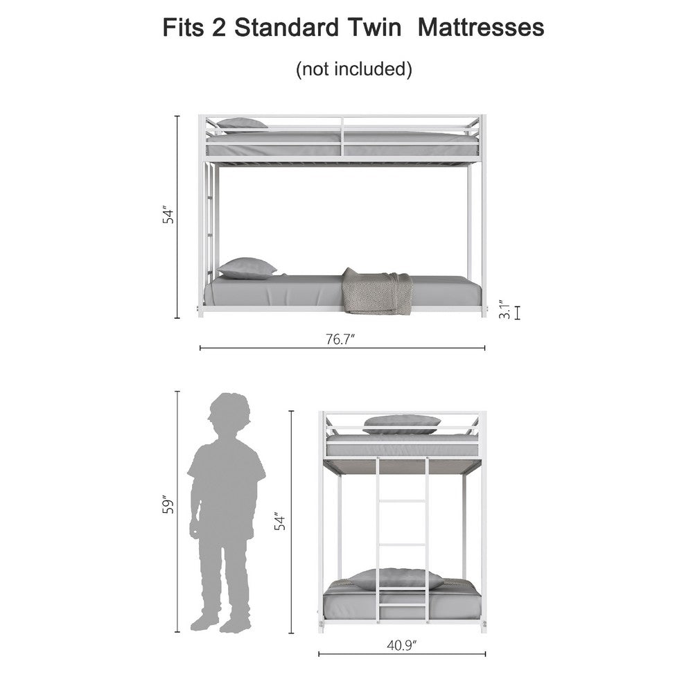 Ady Low Profile Twin Over Twin Bunk Bed with Ladder | White Metal Frame