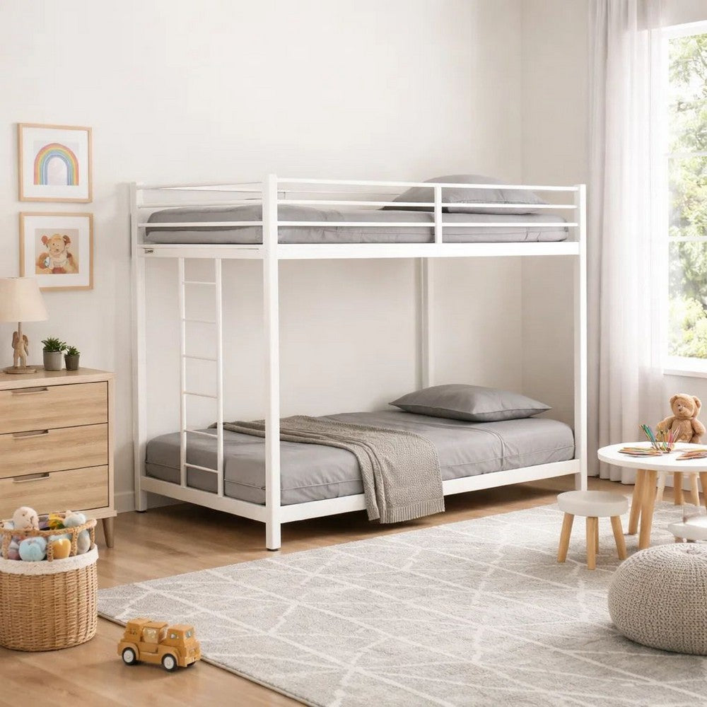 Ady Low Profile Twin Over Twin Bunk Bed with Ladder | White Metal Frame