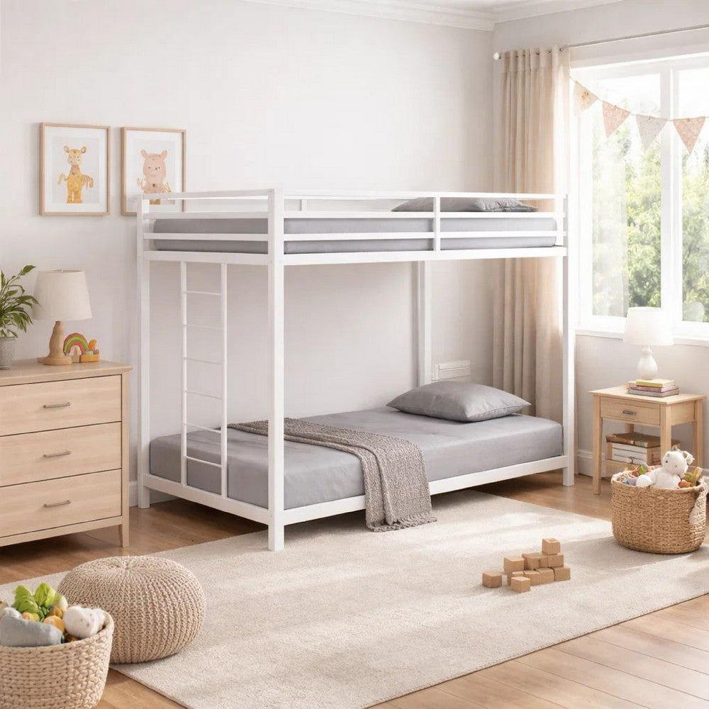 Ady Low Profile Twin Over Twin Bunk Bed with Ladder | White Metal Frame