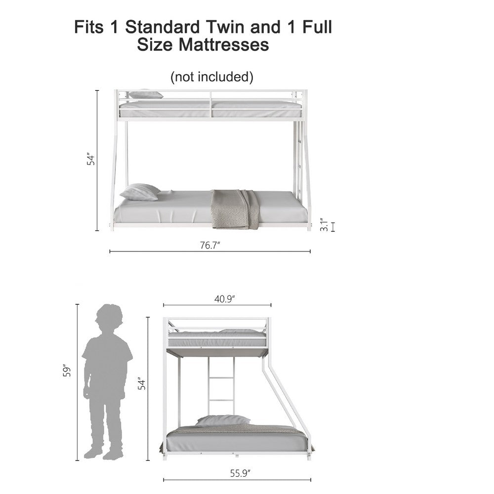 Ady Low Profile Twin Over Full Bunk Bed with Ladder | White Metal Frame