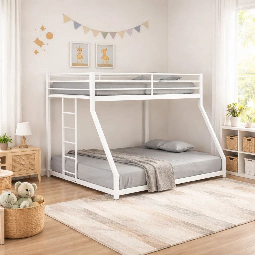 Ady Low Profile Twin Over Full Bunk Bed with Ladder | White Metal Frame