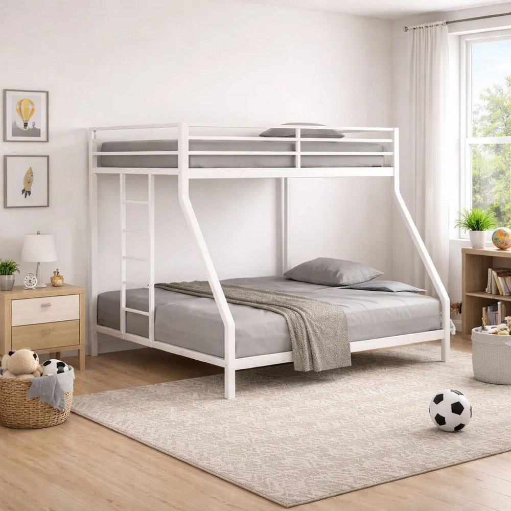 Ady Low Profile Twin Over Full Bunk Bed with Ladder | White Metal Frame