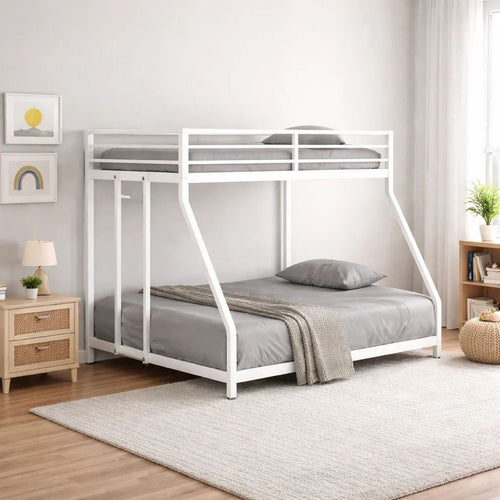 Ady Low Profile Twin Over Full Bunk Bed with Ladder | White Metal Frame