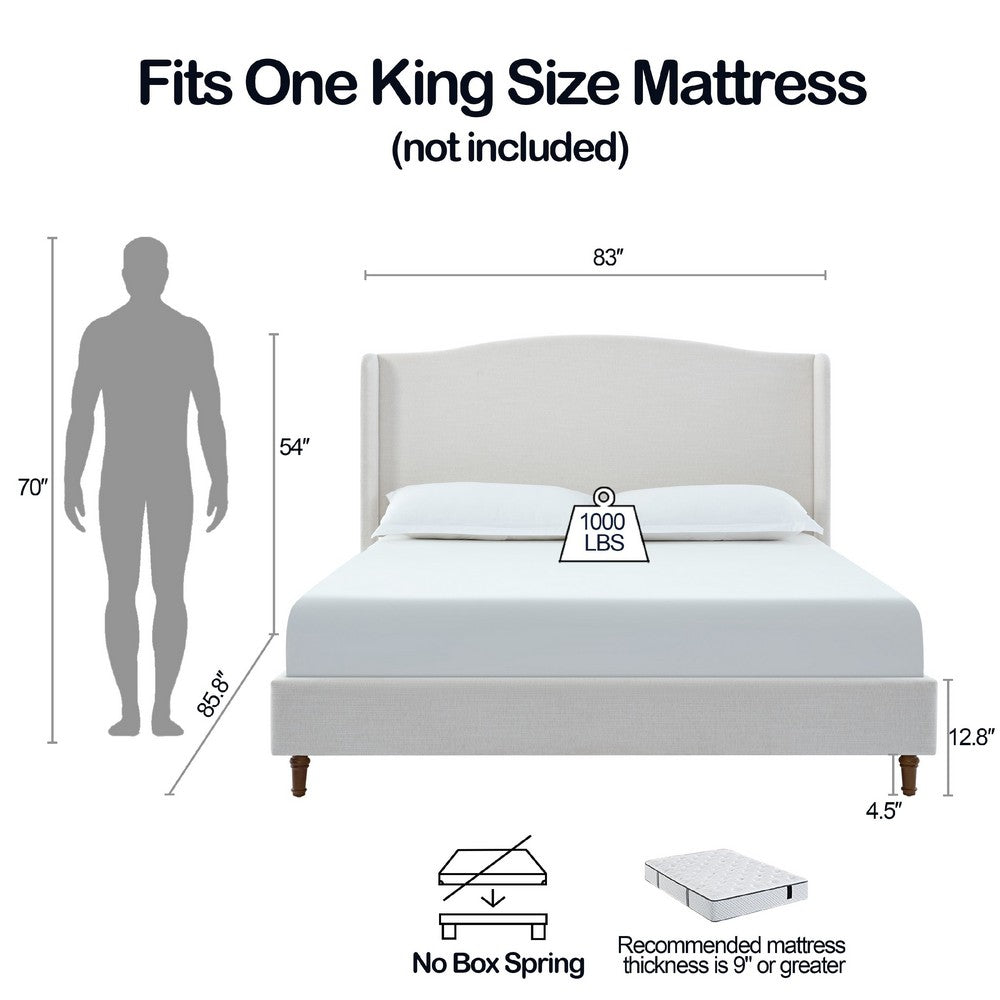 Heny King Size Bed with Wingback Tall Headboard | Ivory Fabric Upholstery