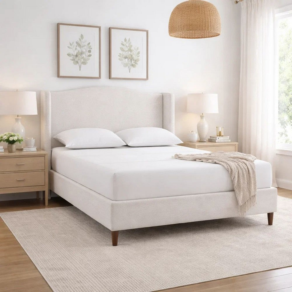 Heny King Size Bed with Wingback Tall Headboard | Ivory Fabric Upholstery