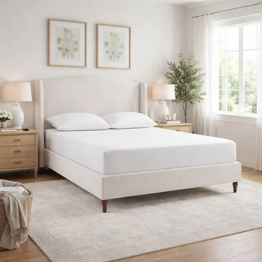 Heny King Size Bed with Wingback Tall Headboard | Ivory Fabric Upholstery