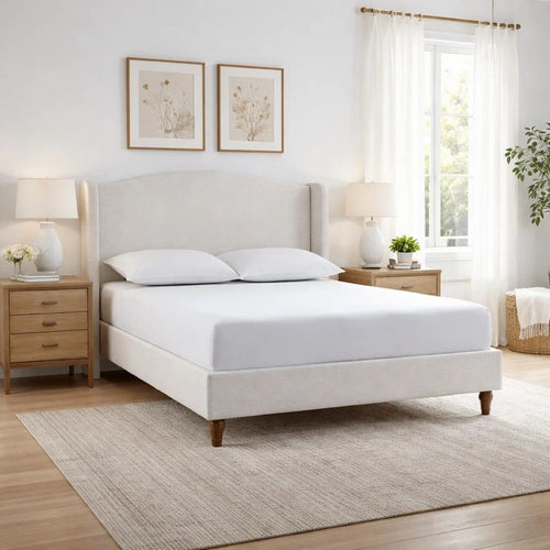 Heny King Size Bed with Wingback Tall Headboard | Ivory Fabric Upholstery