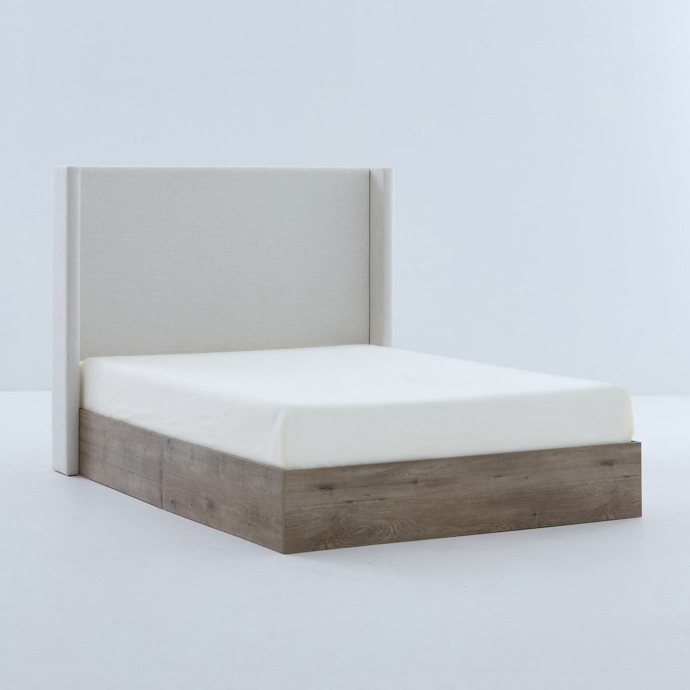 Sely Queen Size Bed with Wingback Headboard | Ivory Chenille Upholstery