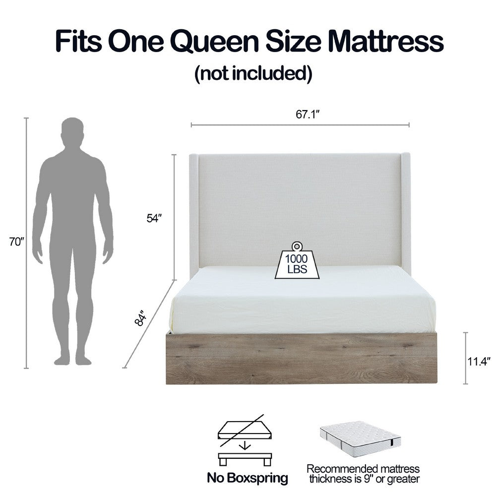 Sely Queen Size Bed with Wingback Headboard | Ivory Chenille Upholstery